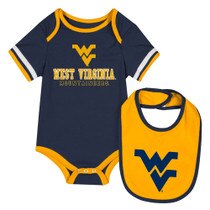 Navy WVU infant onesie and bib set with a full front WVU graphic screen print on the navy onesie and a gold Flying WV screen print on bib