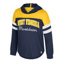 Navy WVU toddler hooded tee with gold shoulders, white stripes on sleeves, navy hood, and WVU gold glitter print with silver foil above Mountaineers on front