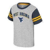 Heather grey WVU toddler tee with white pin stripes, navy sleeves with gold stripes, and West Virginia arched over the Flying WV Logo full front screen print