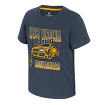 Navy WVU toddler tee with Full front screen print with West Virginia Mountaineers Racing and a racing car