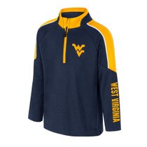Navy toddler quarter zip pullover with Flying WV Logo lightweight rubberized print at left chest and West Virginia vertical print at lower left sleeve