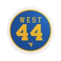 WVU Jerry West circle sticker with West over a large #44 over a mini Flying WV