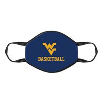 Navy WVU face mask with a gold Flying WV over basketball screen print graphic on the front