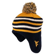 Gold, navy, and white striped WVU toddler winter hat with earflaps, pom pom, and a gold Flying WV on one of the ear flaps