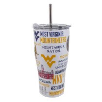 WVU stainless steel travel tumbler with straw and all over WVU print featuring many WVU icons like the Flying WV, the football stadium, Hail WV, and more