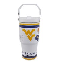 White WVU travel tumbler with flip up spout and handle with a all-over print featuring WVU iconic like the Flying WV, football helmet, and more!