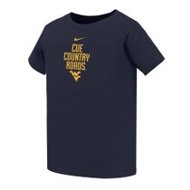 Navy Nike WVU toddler tee with Cue Country Roads over the Flying WV Logo center front screen print
