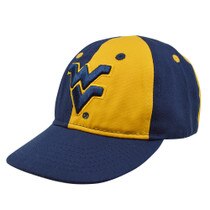 Navy and gold WVU infant hat with gold and navy color-blocked body, navy bill, and a navy with gold outline raised Flying WV embroidered on the front panel